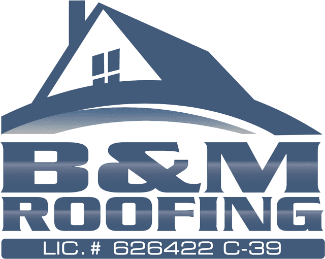 Logo of B&M Roofing with a house silhouette on a curved line. Text below reads "B&M Roofing" and "Lic. # 626422 C-39.